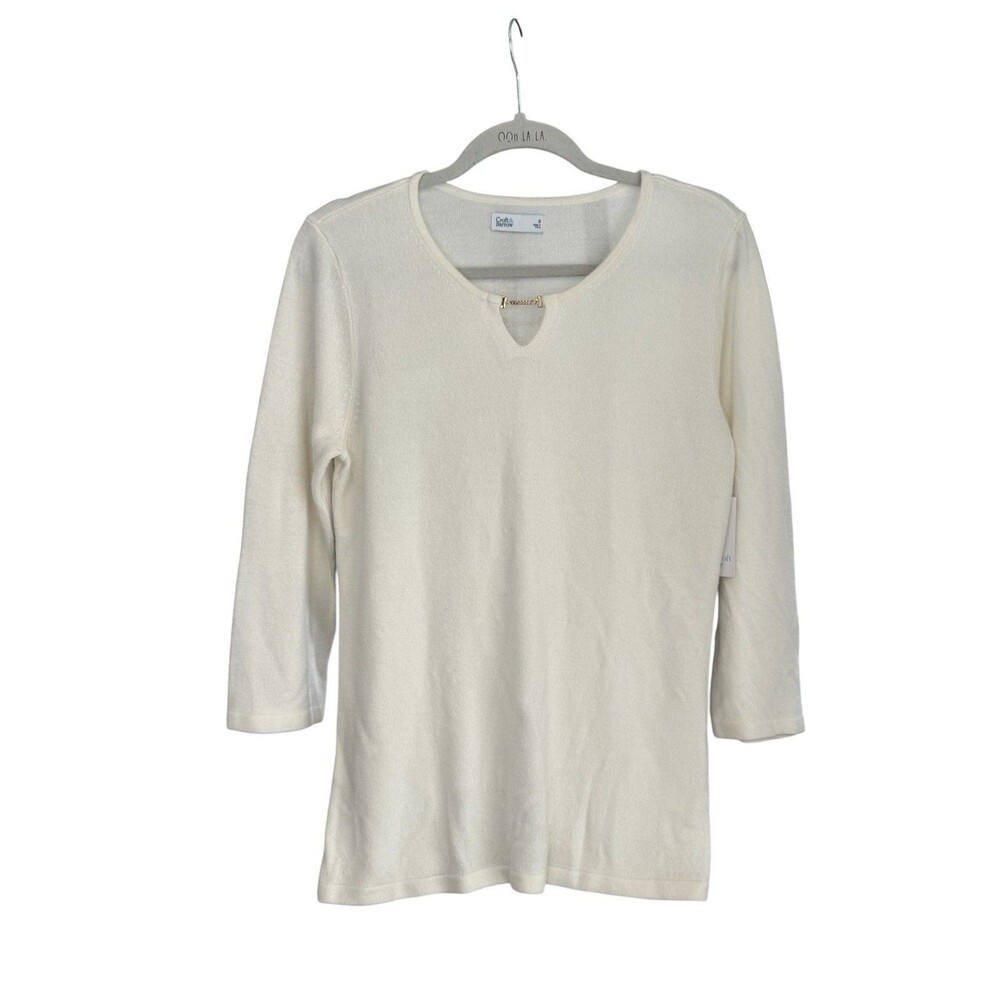 Croft And Barrow White Neck Sweater Size S Soft Knit V-Neck Gold Detail NWT